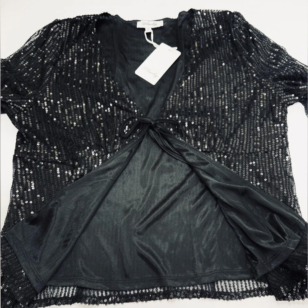 Women’s LinedTie Front Long Sleeve Sequin Cardigan Top Black XL NWT
